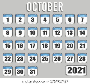October of 2021 year. Month, day, week. Simply trendy design. Vector illustration background for web, business, reminder, planner, organiser