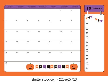 October 2022 calendar design template with Halloween party concept with garland with 'Halloween' written on it and cute pumpkin character.