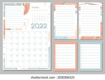 October 2022 calendar month planner in pastel color, week starts on Sunday, planner and notes pages collection set. Drawing page for notes, notebooks, diary, organizer and schedule