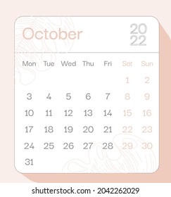 October 2022 calendar month planner with floral pattern, week starts on Monday, template, mock up calendar leaf illustration. Vector graphic page