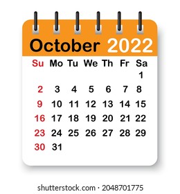 October 2022 calendar. Orange page on spiral. Simple diary design. Office template. Vector illustration. Stock image.