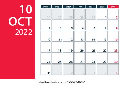 October 2022 Calendar Planner - vector illustration. Template. Mock up.