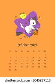 October 2022 calendar. Calendar template decorated with a funny cat in witch hat flying on a broom through the night starry sky. Vector illustration 10 EPS.