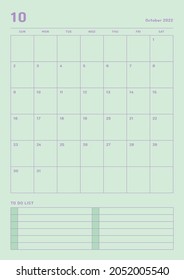 October 2022 colorful cute graphic design digital and printable calendar template illustration. Notes, scheduler, diary, calendar, memo, planner document template background.