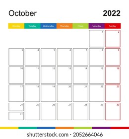 October 2022 colorful wall calendar, week starts on Monday. 2022 Calendar template.