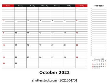 October 2022 Monthly Desk Pad Calendar week starts from sunday, size A3. October 2022 calendar planner with to-do list and place for notes.