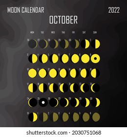 October 2022 Moon calendar. Astrological calendar design. planner. Place for stickers. Month cycle planner mockup. Isolated black and white background.