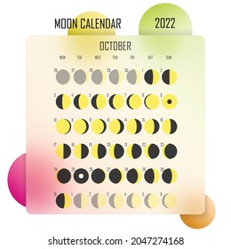 October 2022 Moon calendar. Astrological calendar design. planner. Place for stickers. Month cycle planner mockup. Isolated colorful glassmorphism background.