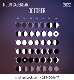 October 2022 Moon calendar. Astrological calendar design. planner. Place for stickers. Month cycle planner mockup. Isolated color liquid background.