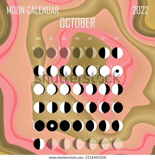 October 2022 Moon calendar. Astrological
calendar design. planner. Place for stickers. Month cycle planner
mockup. Isolated color liquid
background.