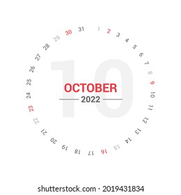 October 2022 Planner Circle Calendar. Saturday and Sunday weekend. Simple unique planner calendar template vector design.