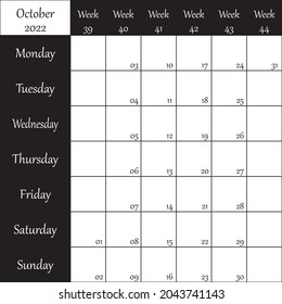 October 2022 Planner with number for each Week black on transparent background