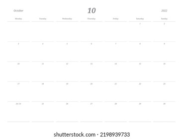 October 2022 simple design digital and printable calendar template illustration. Notes, scheduler, diary, calendar, memo, planner document template background. 