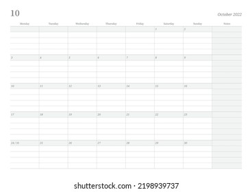 October 2022 simple design digital and printable calendar template illustration. Notes, scheduler, diary, calendar, memo, planner document template background. 