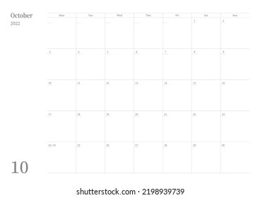 October 2022 simple design digital and printable calendar template illustration. Notes, scheduler, diary, calendar, memo, planner document template background. 