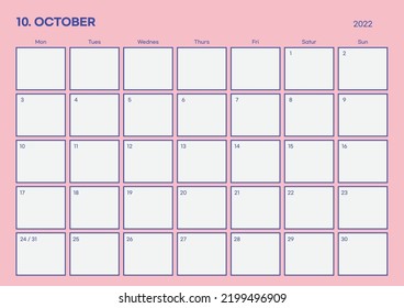 October 2022 simple design digital and printable calendar template illustration. Notes, scheduler, diary, calendar, memo, planner document template background. 