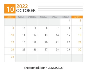 October 2022 template, Calendar planner 2022, week start on Monday,  Desk calendar 2022 year, simple and clean design, Wall calendar design, Corporate design planner template, print media vector