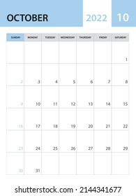 October 2022 template, Calendar 2022 template vector, planner monthly design, desk calendar 2022, wall calendar design, minimal style, advertisement, poster, printing media, simple creative vector