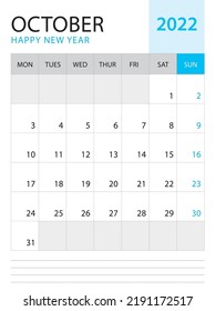 October 2022-Calendar 2022 template vector on blue background, week start on monday, Desk calendar 2022 year, Wall calendar design, corporate planner template, Stationery, organizer diary, vector