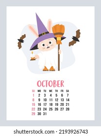 October 2023 calendar. Cute bunny Halloween ghost in witch hat, with broom, candle and bats. Vector illustration. Vertical Template. Week from sunday In English. rabbit is symbol 2023 year