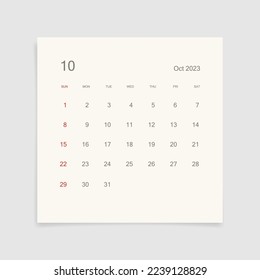 October 2023 calendar page on white background. Calendar background for reminder, business planning, appointment meeting and event. Week starts from Sunday. Vector illustration.