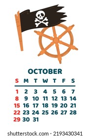 October 2023 calendar page. Vector cartoon illustration with pirate flag and steering wheel. Template for print. Vertical layout. White background