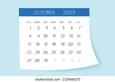 October 2023 calendar planner. Corporate week. Template layout, 12 months yearly, white background. Simple design for business brochure, flyer, print media, advertisement. Week starts from Monday.