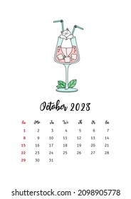 October 2023 calendar. Calendar template decorated with a cute white cat playing in a cocktail glass. Vector illustration 10 EPS.
