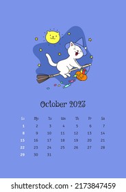 October 2023 calendar. Calendar template decorated with a funny cat in witch hat flying on a broom through the night starry sky. Vector illustration 10 EPS.