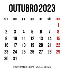October 2023 calendar vector in flat and clean style, week start on monday