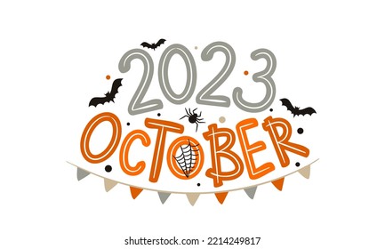 October 2023 logo with hand-drawn bats, spider and garland. Months emblem for the design of calendars, seasons postcards, diaries. Doodle Vector illustration isolated on white background.