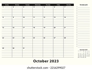 October 2023 Monthly Business Desk Pad Calendar. October 2023 calendar planner with to-do list and place for notes in black and white design.