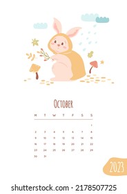 October 2023, page of calendar template. Cute rabbit in raincoat, mushrooms, berries, raindrops and clouds. Vector illustration isolated on white background. 