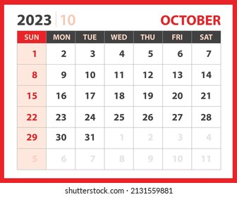 October 2023 template, Calendar 2023 design vector, planner layout, Week starts Sunday, Desk calendar 2023 template, Stationery. Wall calendar on red background, vector eps 10
