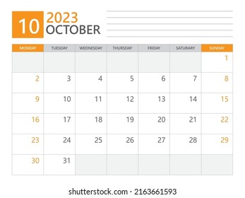 October 2023 template, Calendar planner 2023, week start on Monday, Desk calendar 2023 year, simple planner and clean design, Wall calendar design, Corporate planner template, print media vector