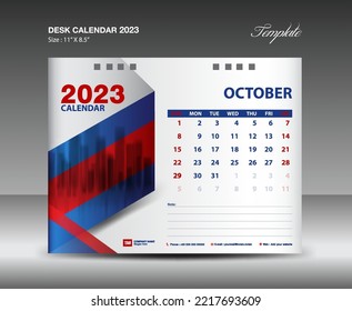 October 2023 template- Desk Calendar 2023 year template, wall calendar 2023 year, Week starts Sunday, Planner design, Stationery design, flyer design, printing media, red and blue backgrund vector