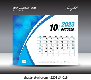 October 2023 template- Desk Calendar 2023 year template, wall calendar 2023 year, Week starts Sunday, Planner design, Stationery design, flyer design, printing media, blue curve backgrund vector