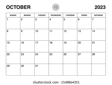 October 2023 year planner template, calendar 2023 template, monthly and yearly planners. organizer diary. week start Sunday, corporate planner template, Desk calendar 2023 year, Vector illustration
