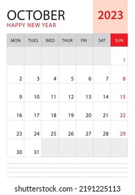 October 2023-Calendar 2023 template vector on red background, week start on monday, Desk calendar 2023 year, Wall calendar design, corporate planner template, Stationery, organizer diary, vector