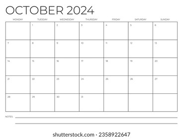 October 2024 A4 Calendar Template. Monday to Sunday. Blank Calendar. Stationery design. Vector illustration.