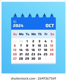 October 2024 calendar. Blue calendar portrait. 2024 Weekend at sunday and saturday. Design layout. Date of monthly calendar oct 2024. Vector illustration