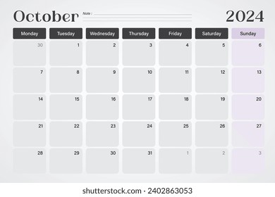 Calendario de octubre de 2024 o planificador de escritorio en colores suaves grises y púrpura con líneas de nota vacías, las semanas empiezan el lunes, diseño de ilustración vectorial