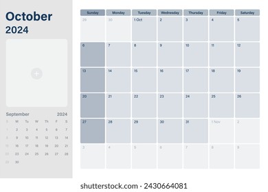 Oktober 2024 Kalender Schreibtischplaner mit Platz für Ihr Bild, Wochen beginnen am Sonntag, einfaches weißes und graues Thema, Vektor-Design