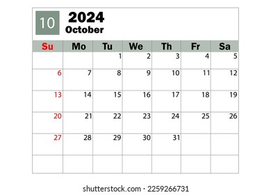 October 2024 calendar. Diary calendar. Daily planner. Vector illustration.