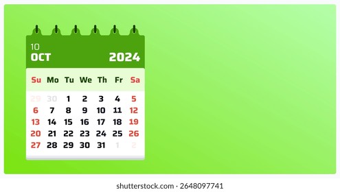 Calendário de outubro de 2024. Paisagem do calendário verde. Fim de semana de 2024, domingo e sábado. Grade de modelos mensais para outubro de 2024. Ilustração vetorial.