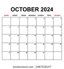 october 2024 calendar with holydays or red dates. monthly calendar design with week starts on sunday. printable, simple, and clean vector design isolated on white background.