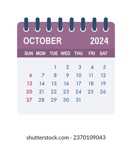 Octubre 2024 Hoja del Calendario. Calendario 2024 en estilo plano. Ilustración de material vectorial