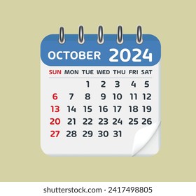 Octubre 2024 Hoja del Calendario. Calendario 2024 en estilo plano