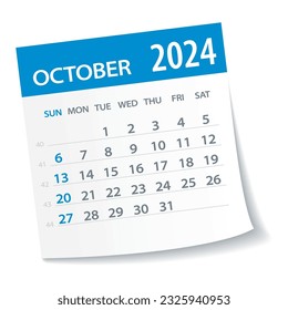 Octubre 2024 Hoja del Calendario - Ilustración. página de gráfico de vector