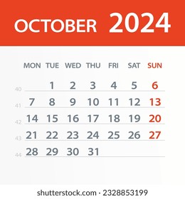 Octubre 2024 Hoja del Calendario - Ilustración. página de gráfico de vector